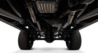 Clean undercarriage view with exhaust system and suspension components of Classic Ford Bronco