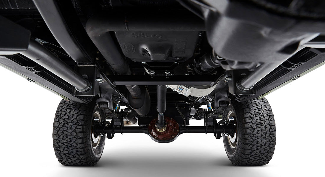 Undercarriage view of Classic Ford Bronco showing rear axle and suspension