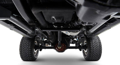 Undercarriage view of Classic Ford Bronco showing rear axle and suspension