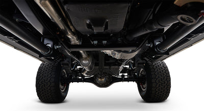 Undercarriage view showing black frame, differential, and suspension components beneath Classic Ford Bronco