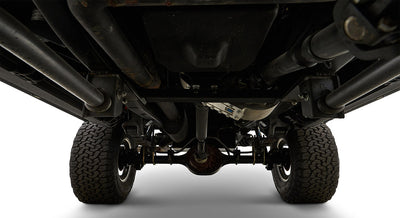 Undercarriage view of a Classic Ford Bronco showing rear axle, suspension components, and tires.