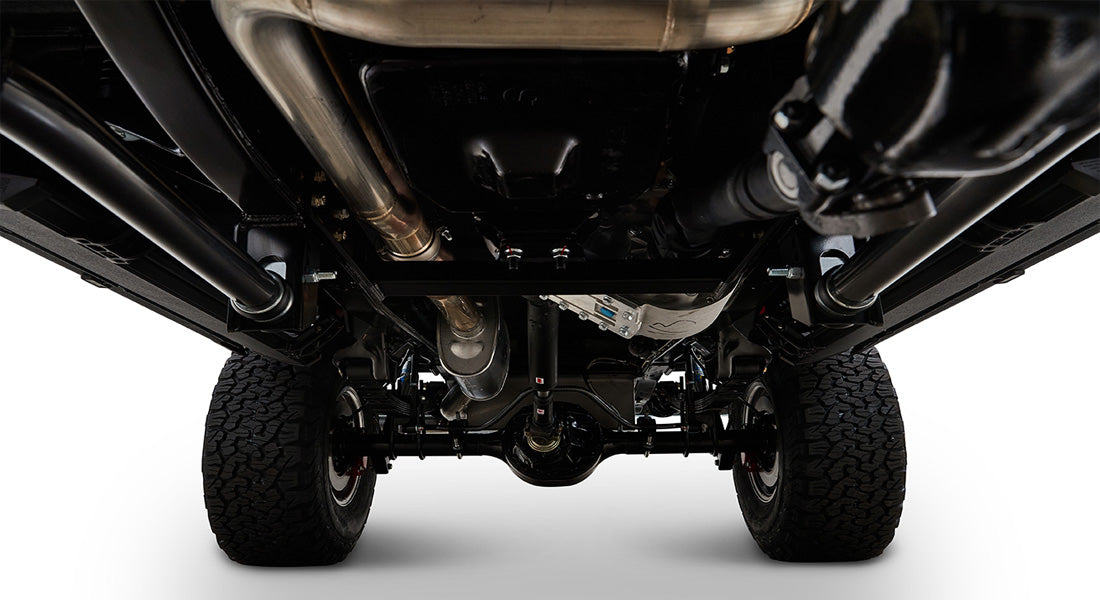 Undercarriage view showing suspension and driveshaft of Classic Ford Bronco