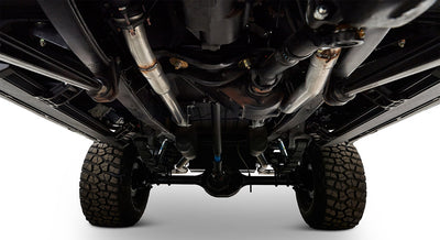 Undercarriage view of Classic Ford Bronco showing suspension, axle, and tires