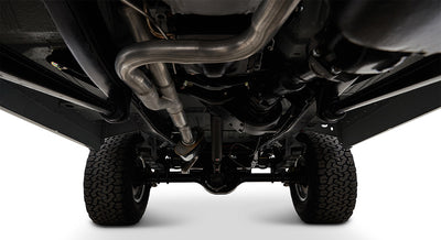 Undercarriage view of a Classic Ford Bronco showing exhaust system and rear axle