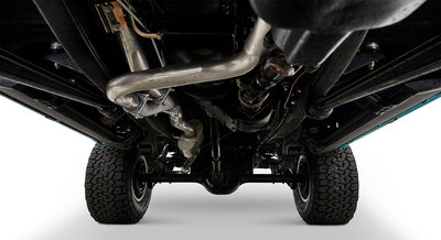 Clean and detailed black undercarriage with exhaust system, suspension, and tires visible
