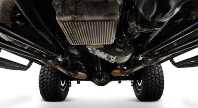 View of the underside of a Classic Ford Bronco showing suspension and drivetrain components