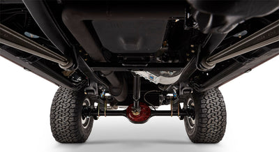 Undercarriage view of Classic Ford Bronco showing exhaust, suspension, and differential