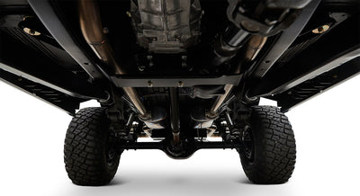 Undercarriage view showing exhaust pipes and suspension of Classic Ford Bronco