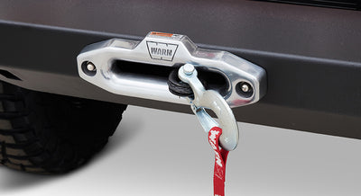 Close-up of a winch mounted on the front bumper of a Classic Ford Bronco.
