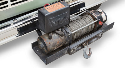 Mounted electric winch with hook on Classic Ford Bronco rear bumper
